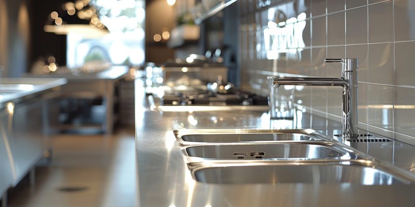 photo of restaurant kitchen with sink in front