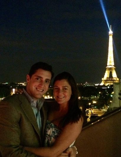 Jared and his wife in front of Eiffel Tower